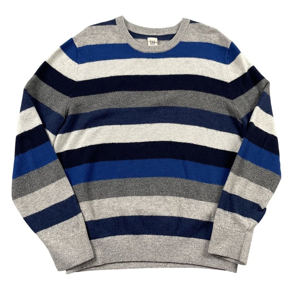 GAP Sweater Mens Large Navy Blue Grey White 50% Merino Wool Pullover